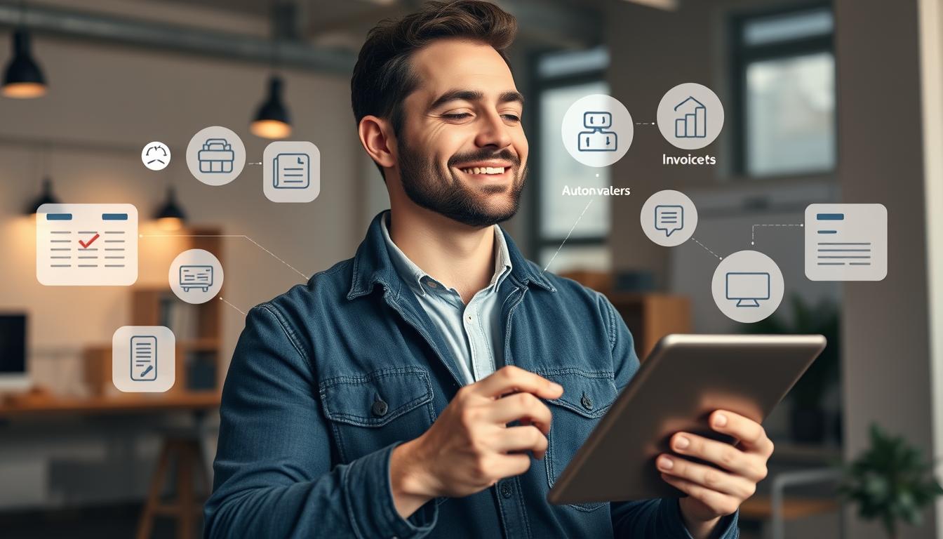 A small business owner using automation tools on a tablet while managing their service business