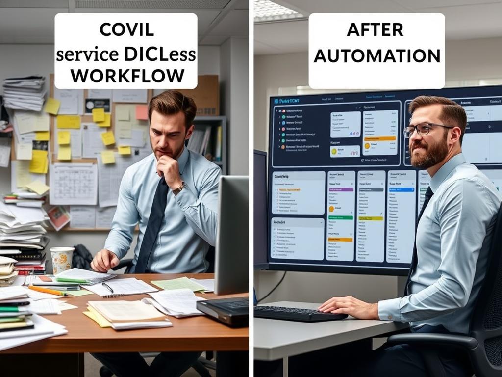 Before and after comparison of a service business workflow with and without automation tools