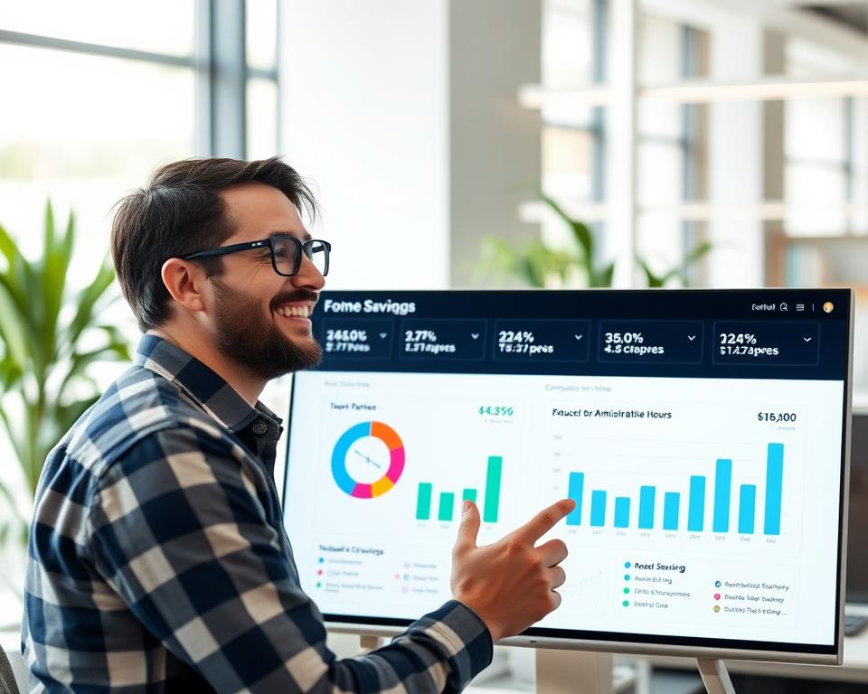 Small business owner reviewing time savings analytics from automation tools